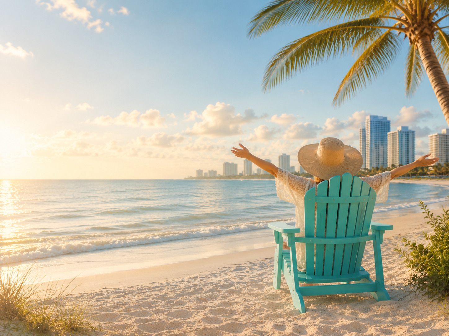 Woman relaxing in a Florida beach chair while facing the ocean