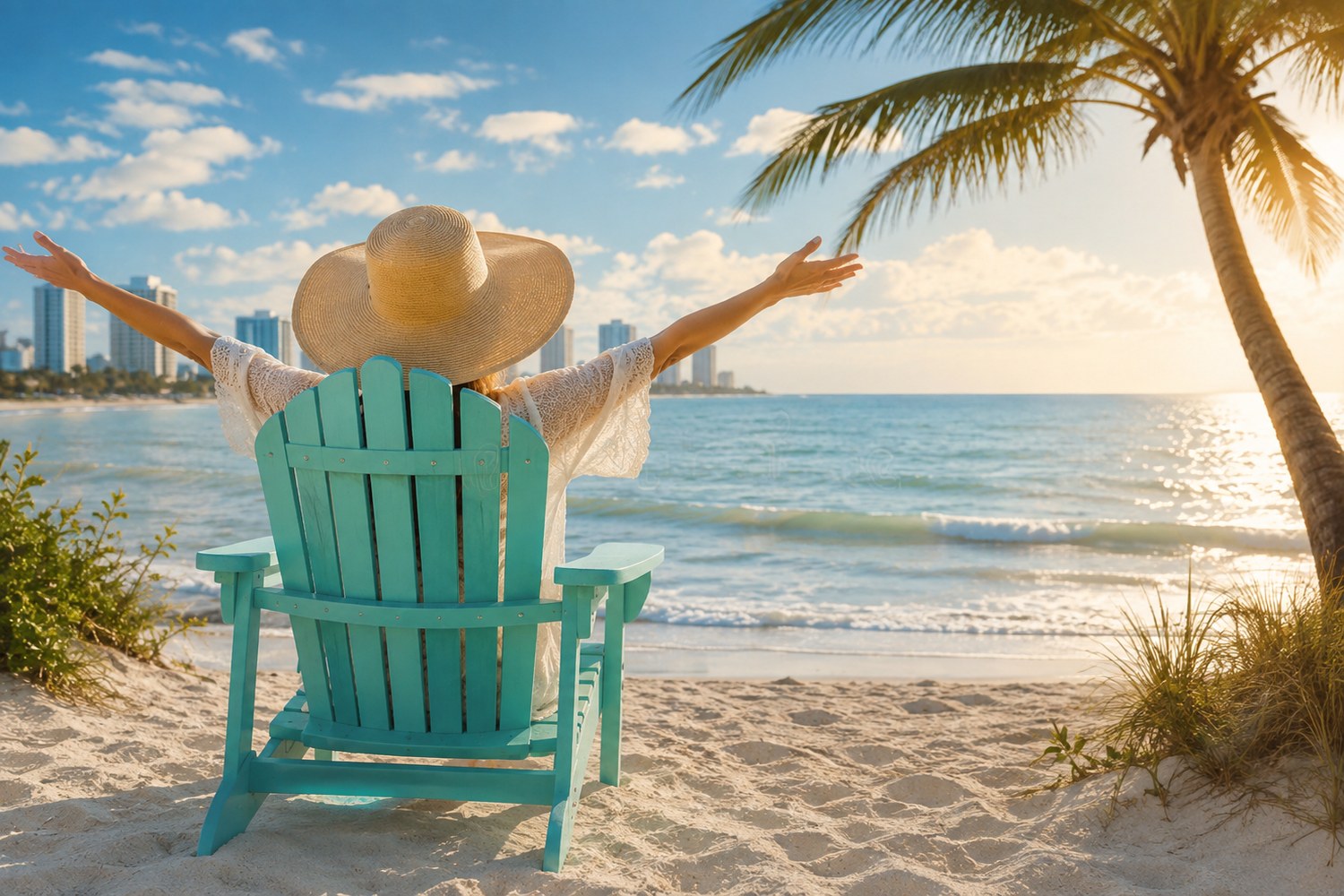 Woman relaxing in a Florida beach chair while facing the ocean