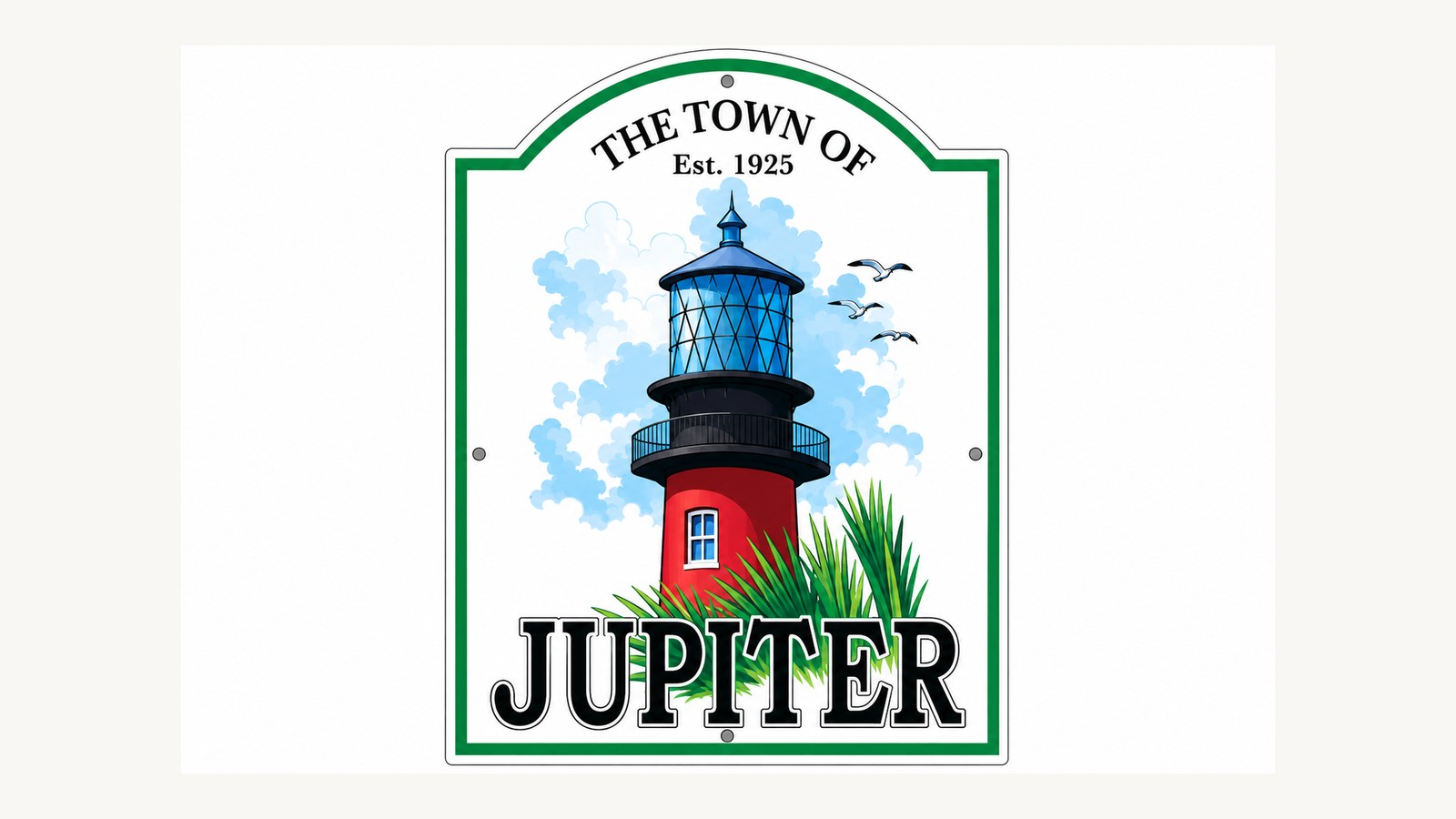 Cartoon Town of Jupiter sign featuring the Jupiter Inlet Lighthouse