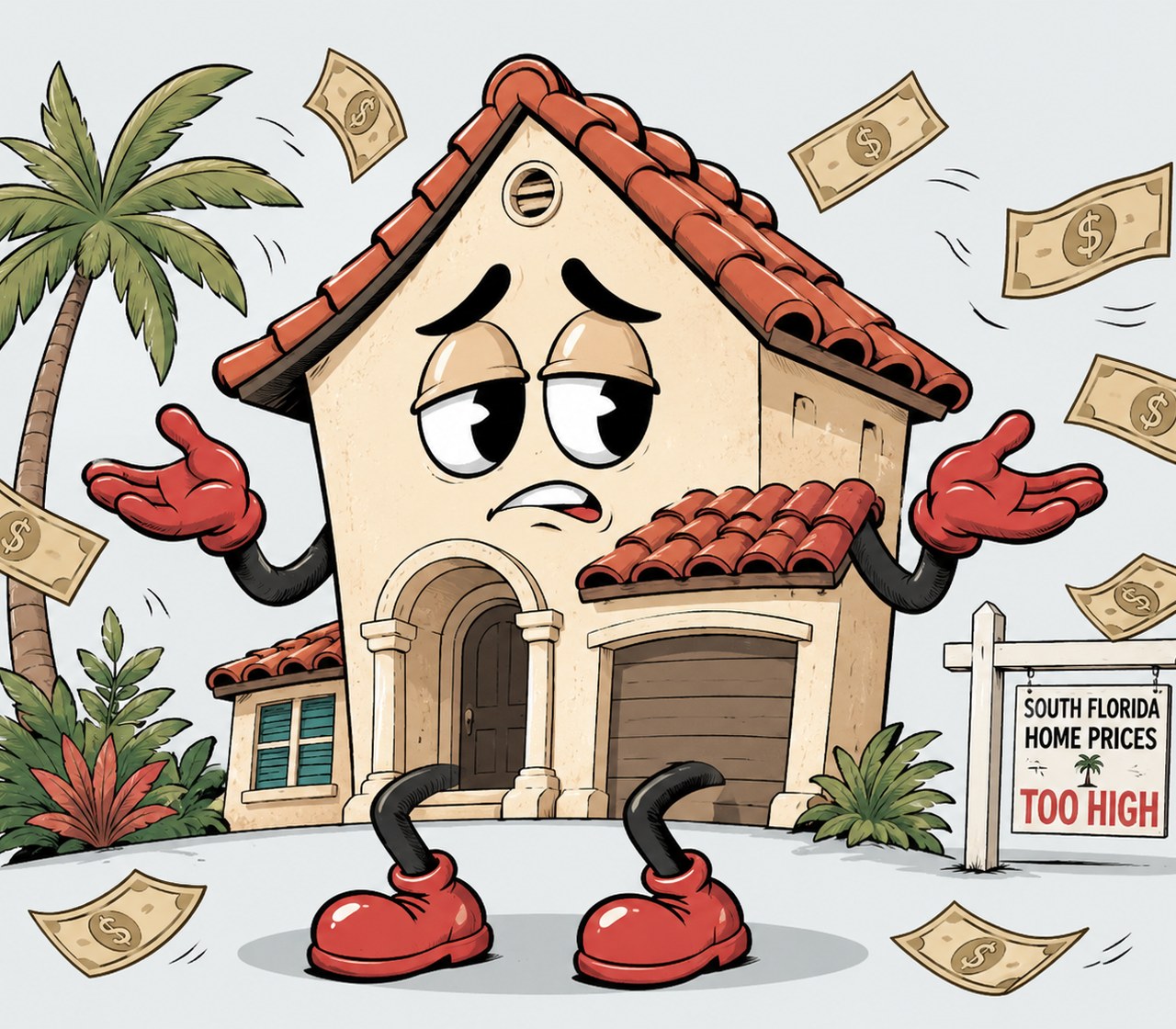 Illustrated South Florida house reacting to the cost of buying a home