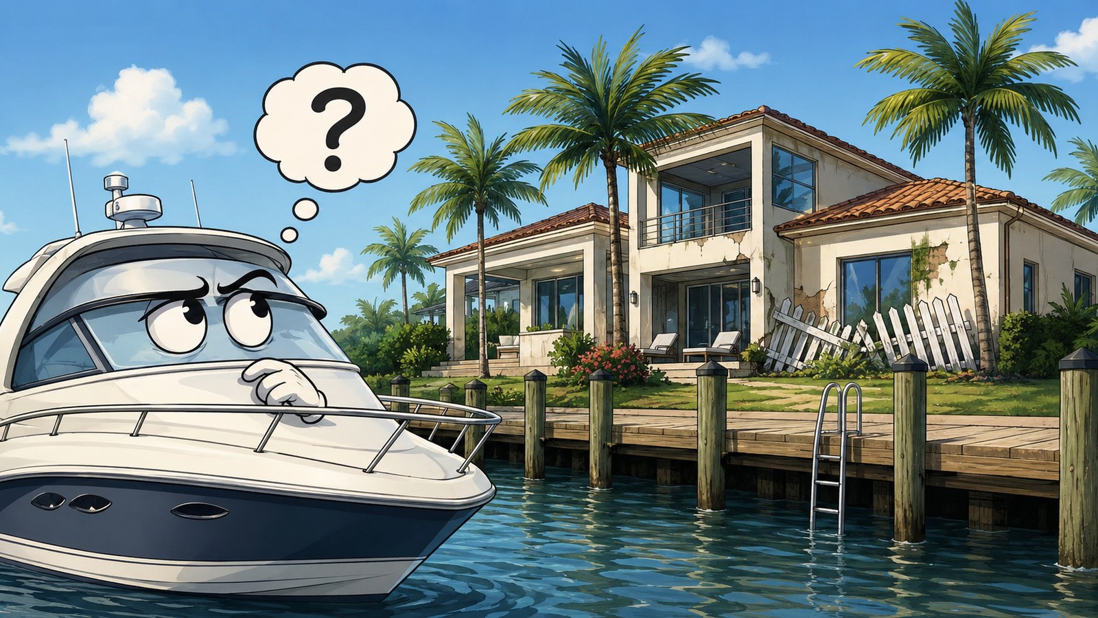 Cartoon yacht looking questionably at a South Florida waterfront home