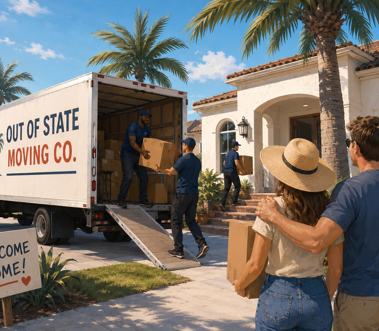 Couple arriving at a South Florida home while movers unload an out of state moving truck