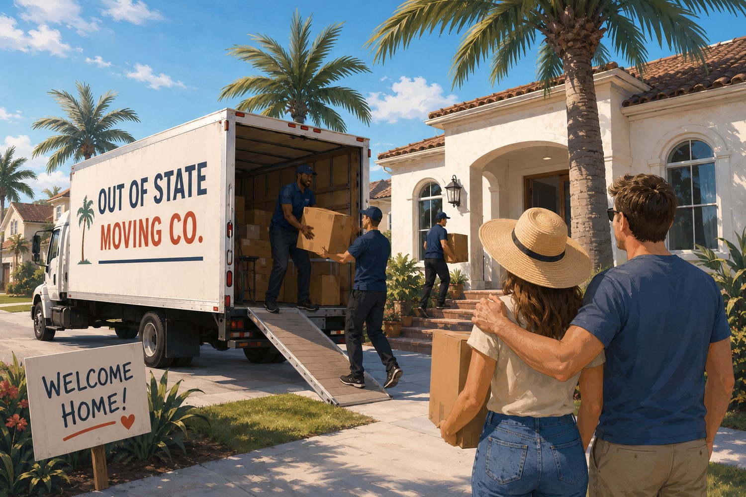 Couple arriving at a South Florida home while movers unload an out of state moving truck