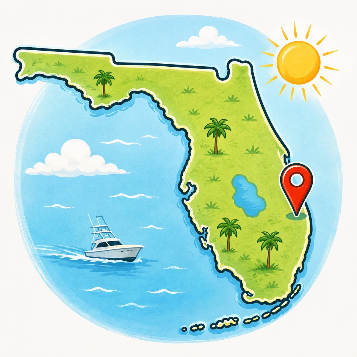 Cartoon map of Florida with a location pin on the Southeast Florida coast